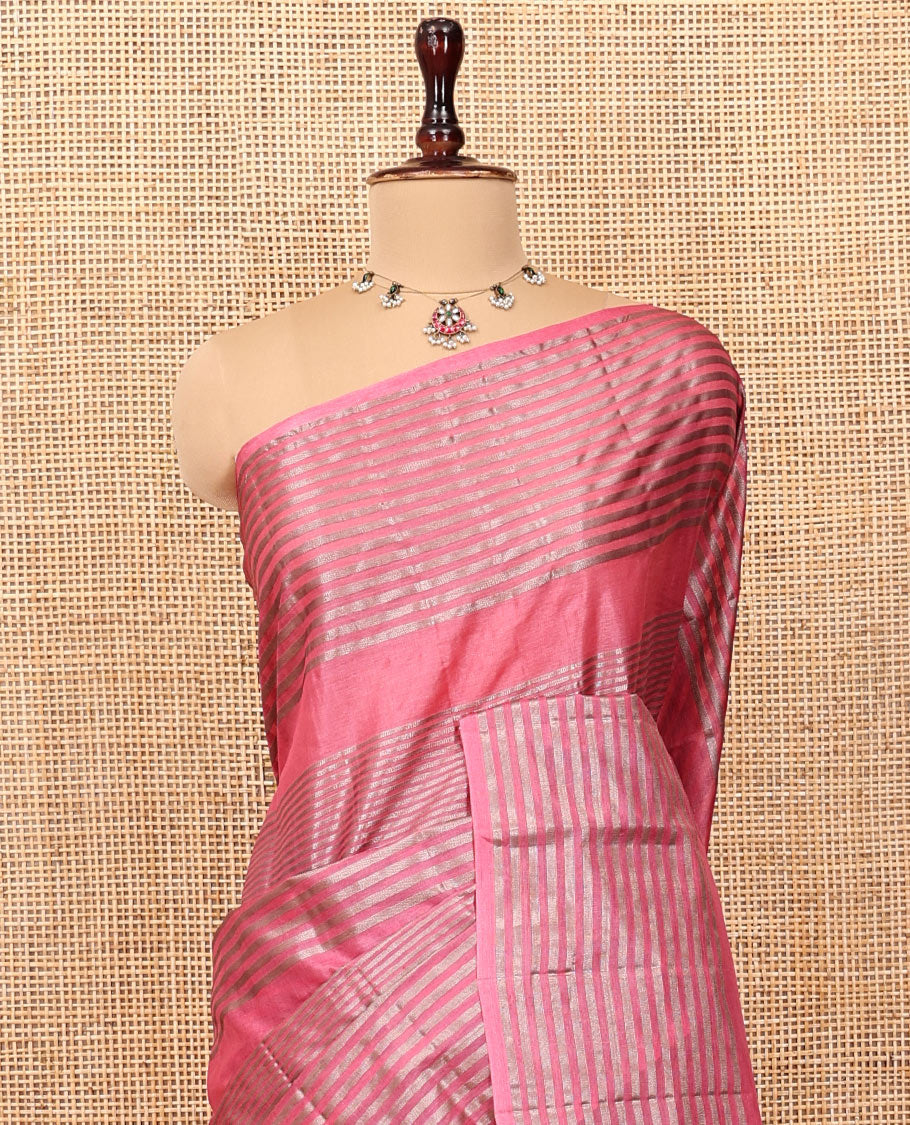 Pink Tussar Silk Saree, Highlighted by Horizontal Zari Stripes Running All Over Its Body, Highlighted by Zari Striped Border, Zari Gleamed up Pallu, and Paired with a Matching Blouse