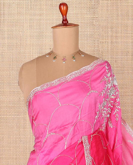 Hot pink floral & scallop design kardana embroidered designer saree with stone work border