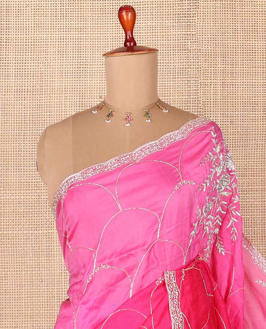 Hot pink floral & scallop design kardana embroidered designer saree with stone work border