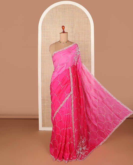 Hot pink floral & scallop design kardana embroidered designer saree with stone work border