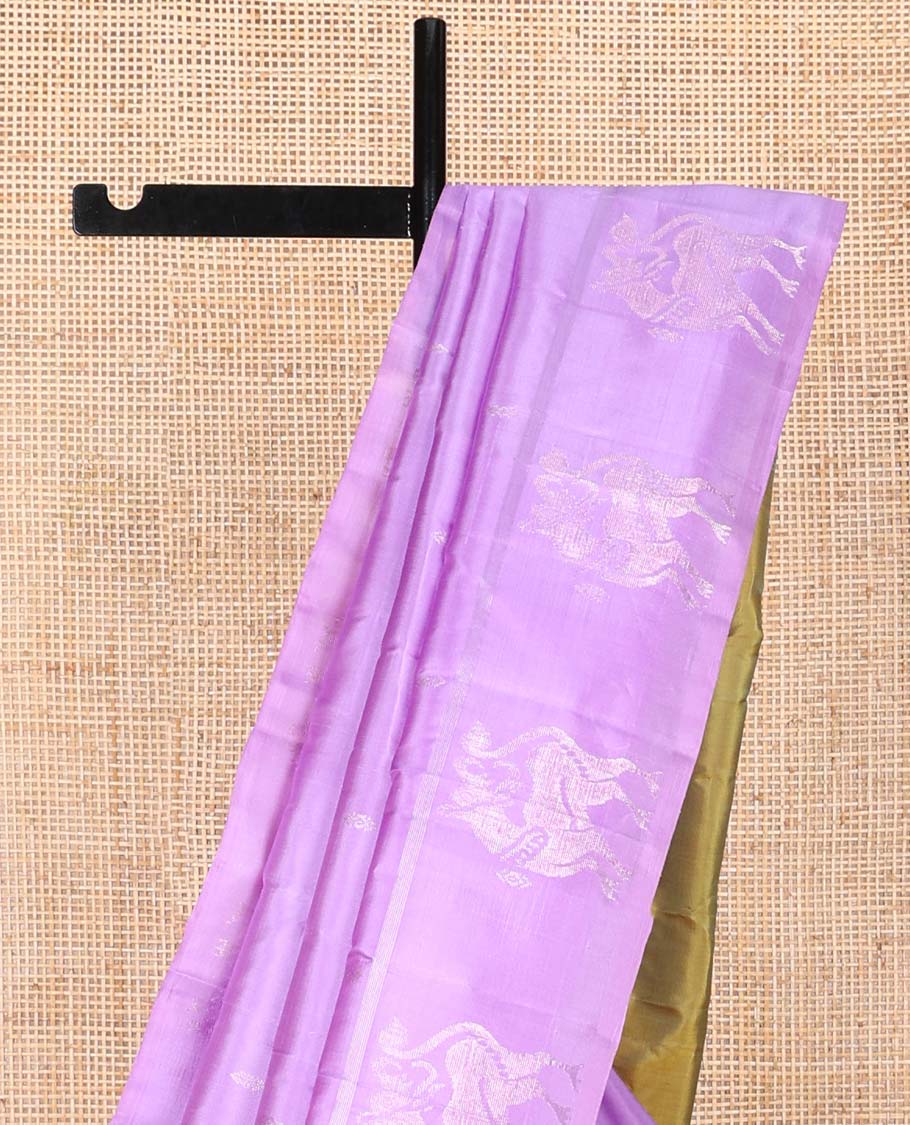 Purple buttas kancheepuram silk saree with self animal butta border & striped, floral design pallu