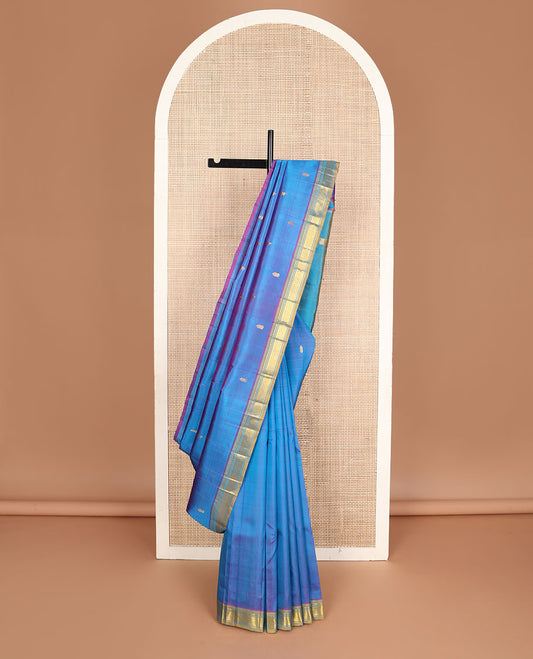Blue zari buttas kanchipuram silksaree, contrast one-sided border of rekku,banaras & mayil kann & zari design pallu