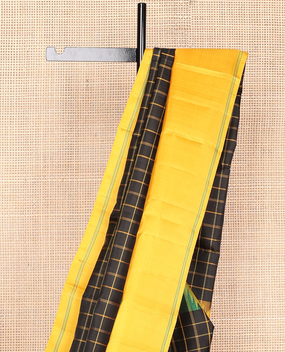 Black checked kanchipuram silksaree,contrast rettai pettu striped thazampoo rekku border & pallu of stripes & pillaiyar mokku design