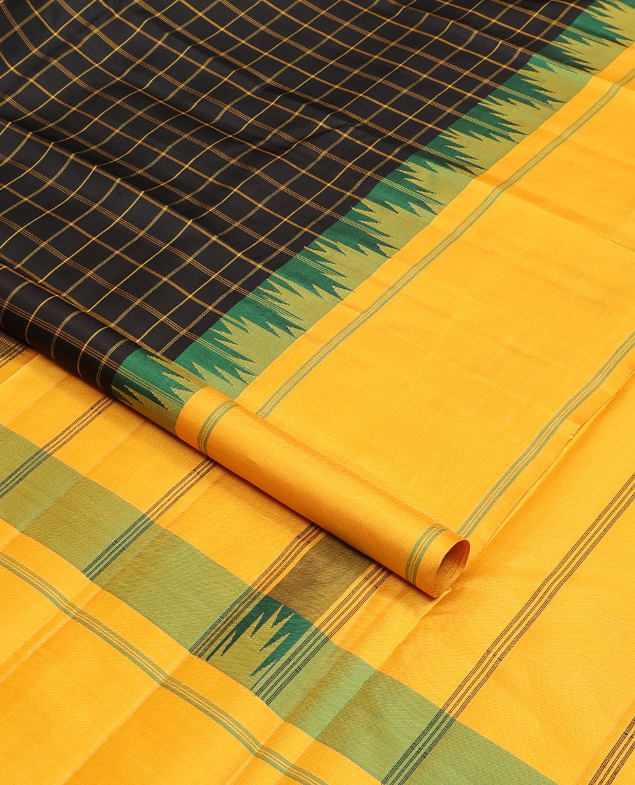 Black checked kanchipuram silksaree,contrast rettai pettu striped thazampoo rekku border & pallu of stripes & pillaiyar mokku design