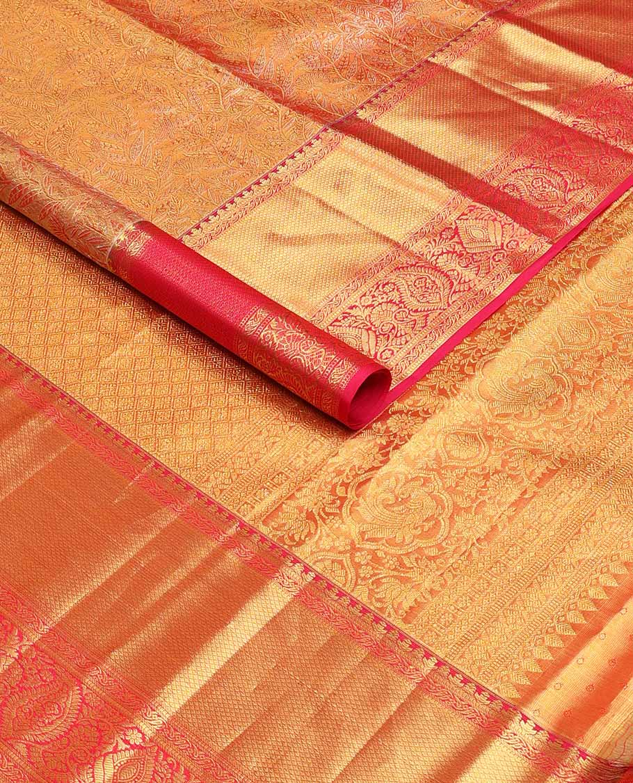 Red jacquard tissue silk saree, jaal pallu & zari border of muthu, banaras, mayil kann & arumbu manga designs