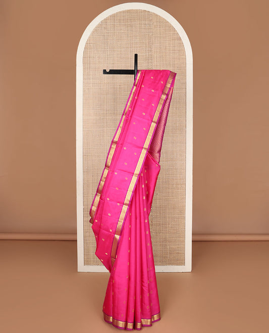 Pink zari buttas Kanchipuram silk saree, contrast border of rekku,muthu,banaras & jaal design & pallu of jaal designs