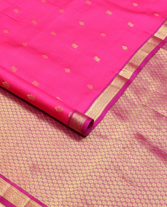 Pink zari buttas Kanchipuram silk saree, contrast border of rekku,muthu,banaras & jaal design & pallu of jaal designs