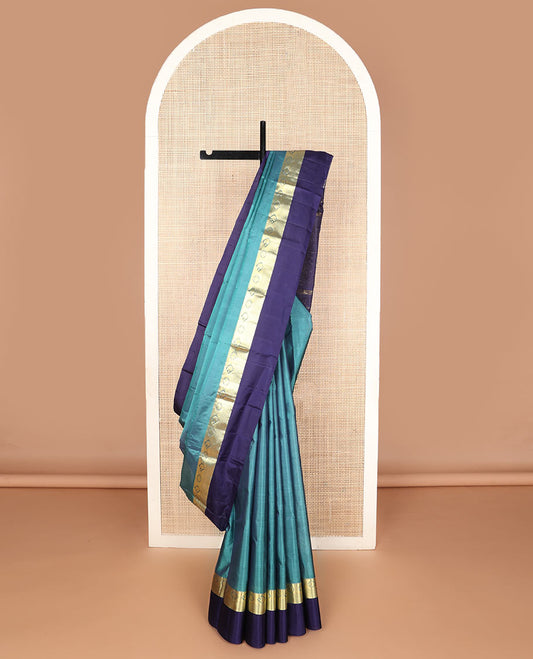 Blue zari buttas silk saree, contrast border of rekku,muthu,kamalam, manga & mayil kann & zari design pallu