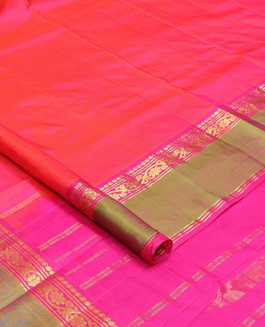 Pink striped Kanchipuram silk saree, contrast rettai pettu border of manga, muthu, banaras, and kodi vsiry designs, and zari striped pallu