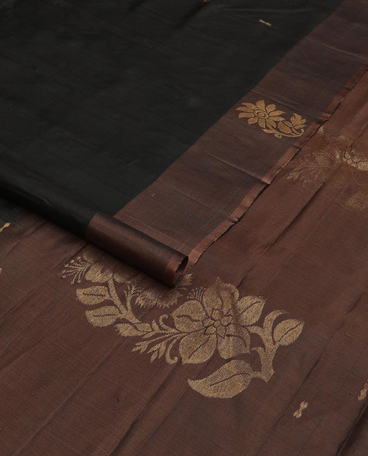 Black zari buttas Kanchipuram silk saree, contrast floral zari border, and floral motifs pallu