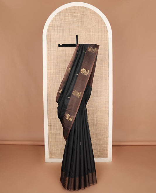 Black zari buttas Kanchipuram silk saree, contrast floral zari border, and floral motifs pallu