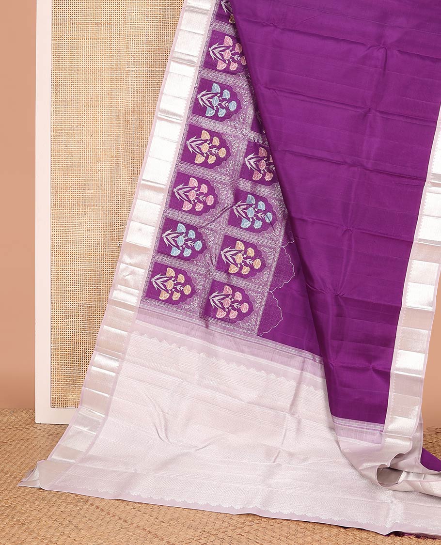 Purple meenakari floral buttas enclosed Mughal-arches jacquard Kanchipuram designer saree, contrast temple border, and vanki design pallu