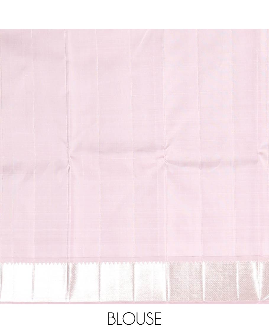 Purple meenakari floral buttas enclosed Mughal-arches jacquard Kanchipuram designer saree, contrast temple border, and vanki design pallu