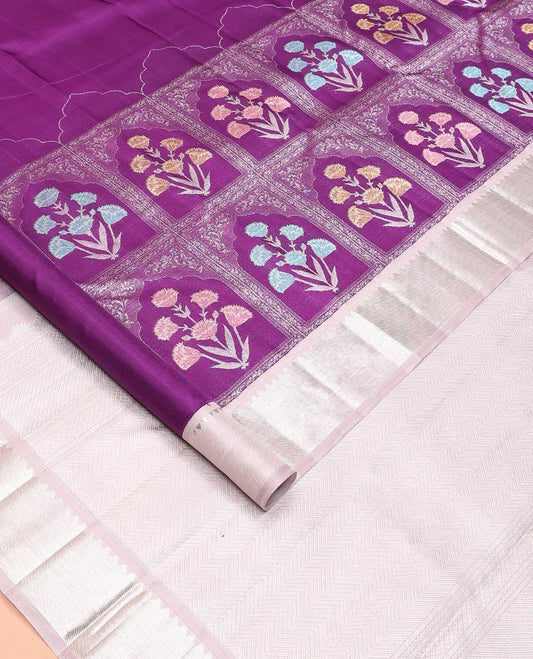 Purple meenakari floral buttas enclosed Mughal-arches jacquard Kanchipuram designer saree, contrast temple border, and vanki design pallu