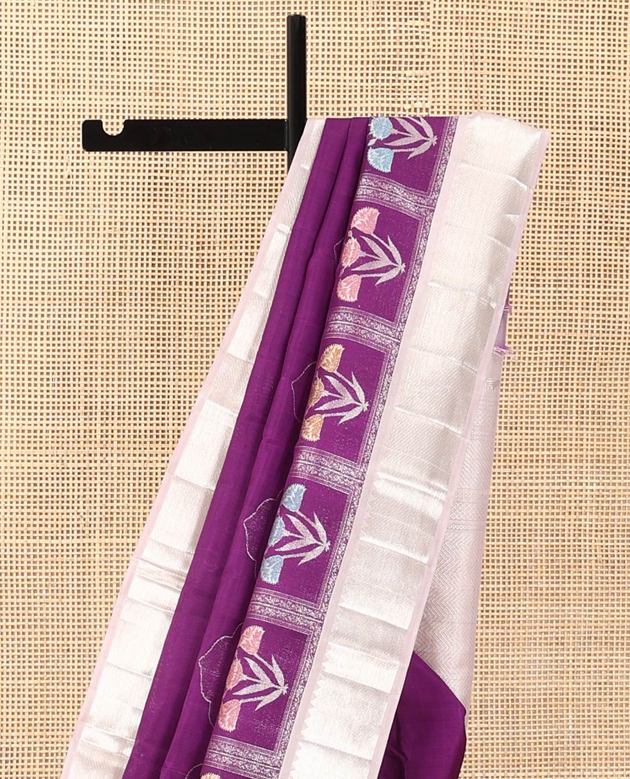 Purple meenakari floral buttas enclosed Mughal-arches jacquard Kanchipuram designer saree, contrast temple border, and vanki design pallu