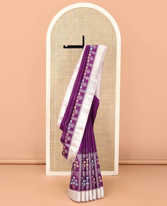 Purple meenakari floral buttas enclosed Mughal-arches jacquard Kanchipuram designer saree, contrast temple border, and vanki design pallu