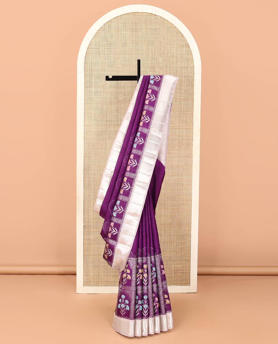 Purple meenakari floral buttas enclosed Mughal-arches jacquard Kanchipuram designer saree, contrast temple border, and vanki design pallu