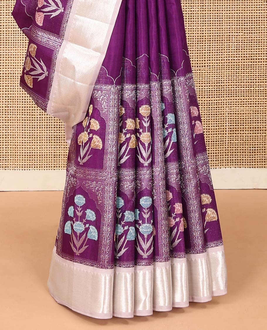 Purple meenakari floral buttas enclosed Mughal-arches jacquard Kanchipuram designer saree, contrast temple border, and vanki design pallu