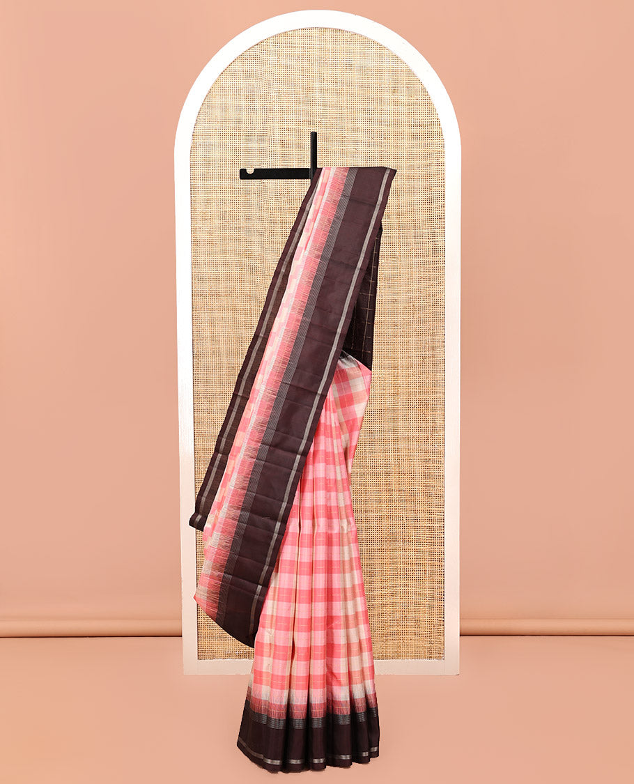 Pink Checked Kanchipuram Silk Saree, Contrast Bodi Border, Checked Pallu, and a Contrast Blouse