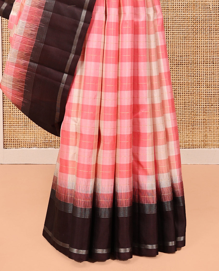 Pink Checked Kanchipuram Silk Saree, Contrast Bodi Border, Checked Pallu, and a Contrast Blouse