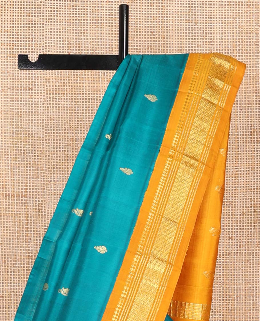 Blue floral buttas kancheepuram silk saree with contrast korvai border of rekku, banaras, geometric design & floral pallu