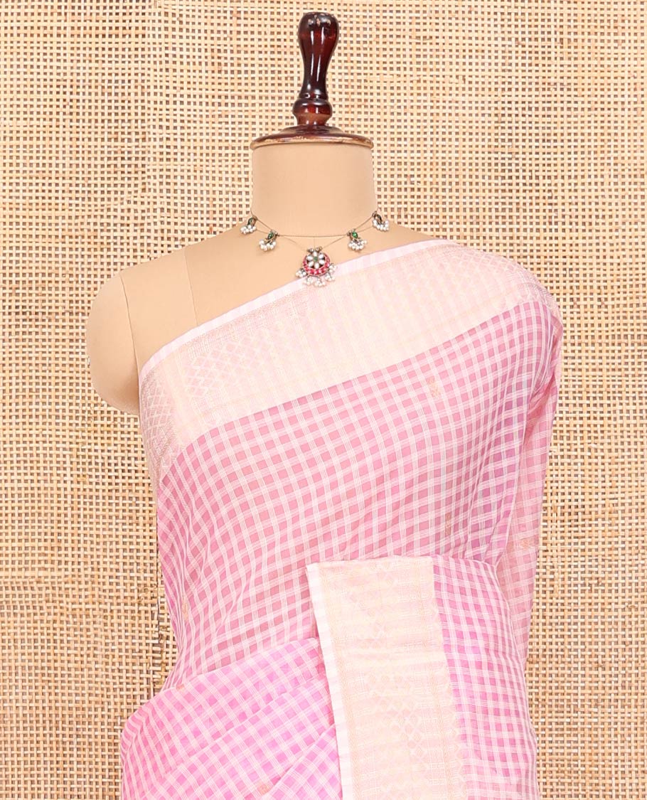 Pink Maheshwari Cotton Saree, Subtly Sparkled with Micro-Checks and Buttas, Complemented by a Contrast Border, Checked Pallu, and Paired with a Matching Blouse