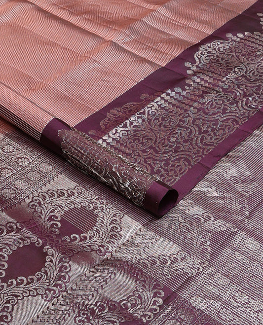 Violet checked mayuri soft silk saree with self intricate zari design border & floral zari design pallu