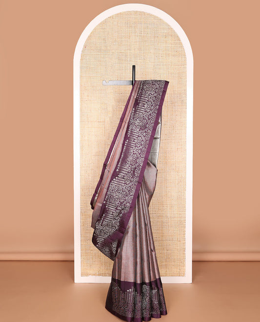 Violet checked mayuri soft silk saree with self intricate zari design border & floral zari design pallu