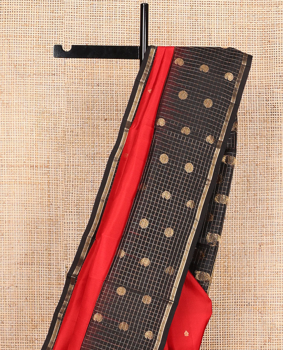 Red floral buttas mayuri soft silk saree with contrast zari design border & floral design pallu