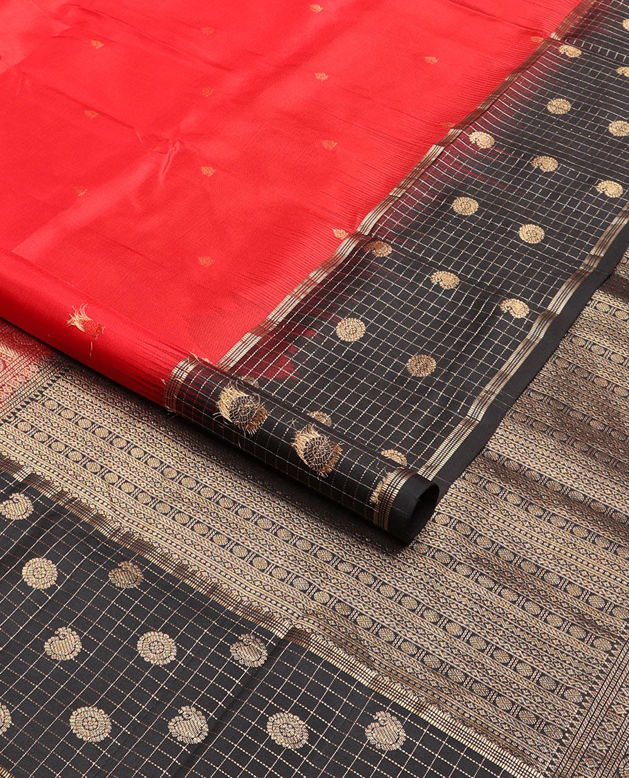 Red floral buttas mayuri soft silk saree with contrast zari design border & floral design pallu
