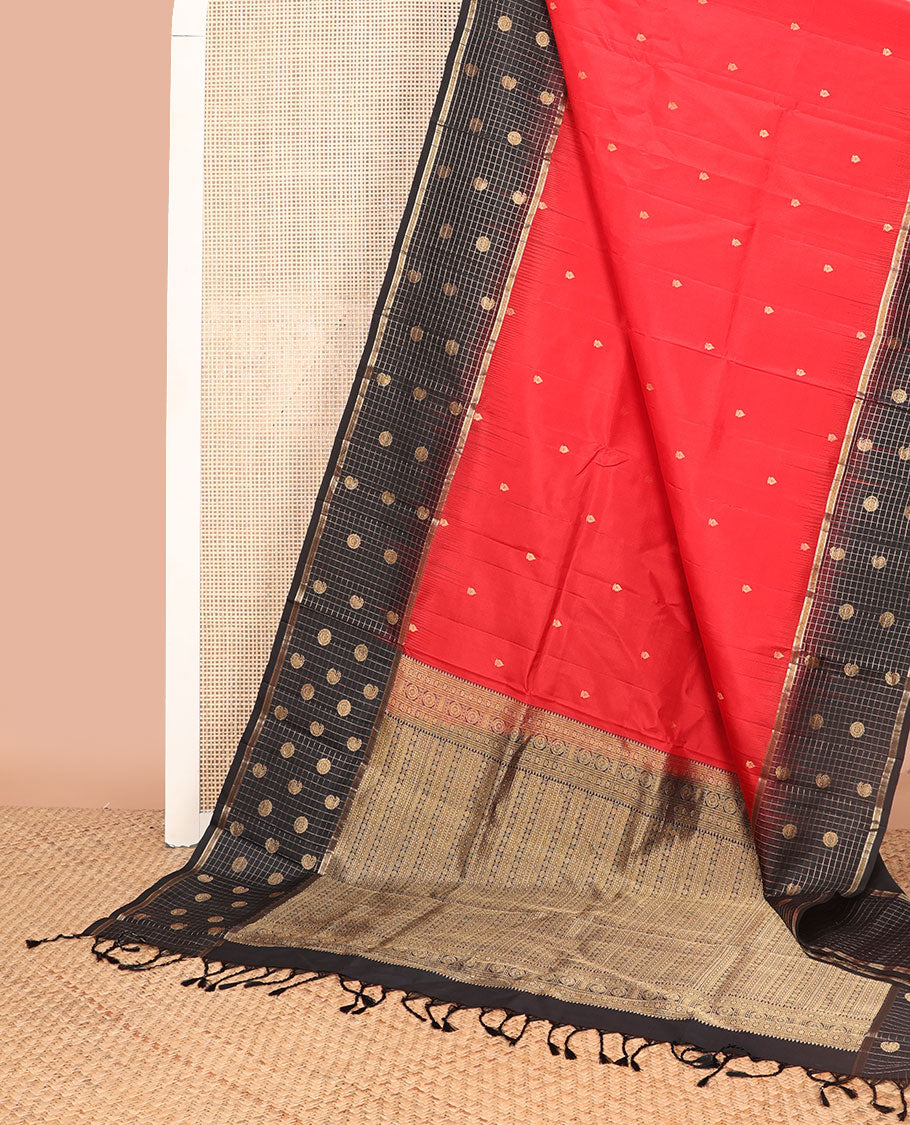 Red floral buttas mayuri soft silk saree with contrast zari design border & floral design pallu