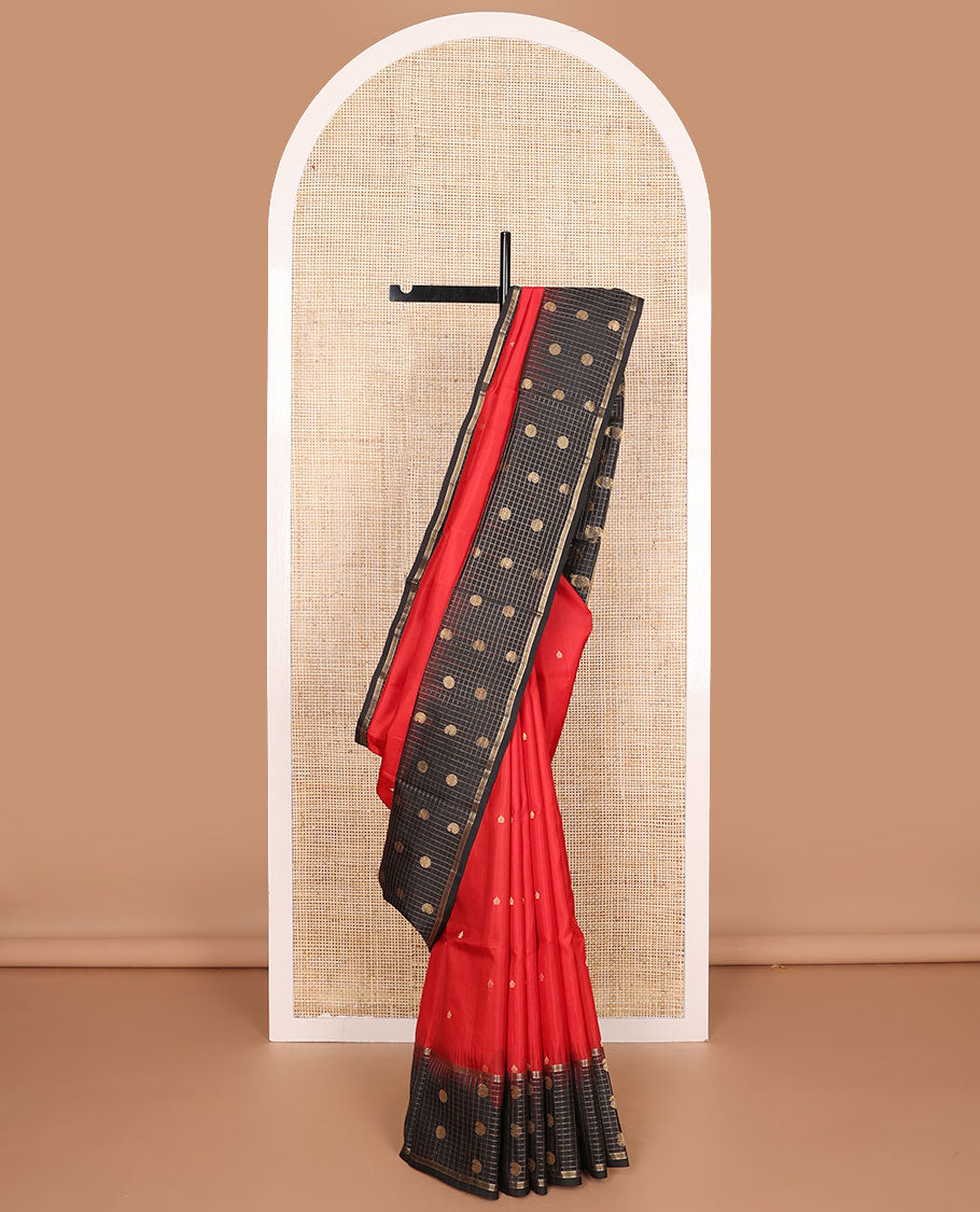 Red floral buttas mayuri soft silk saree with contrast zari design border & floral design pallu