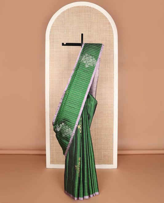 Green checked soft silk saree with zari buttas, contrast striped border & floral design pallu