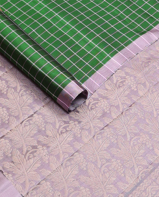 Green checked soft silk saree with zari buttas, contrast striped border & floral design pallu