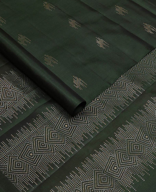 Borderless deep green zari buttas soft silk saree, pallu of geometric design