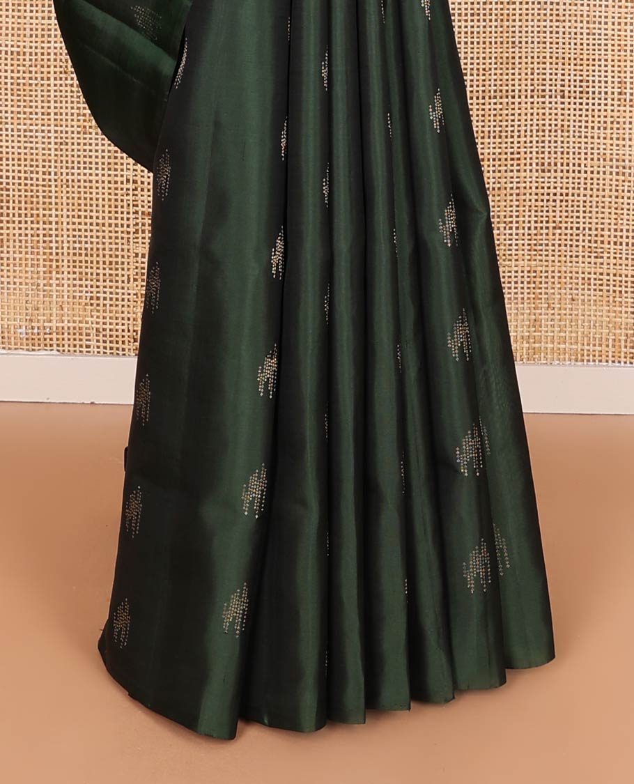 Borderless deep green zari buttas soft silk saree, pallu of geometric design