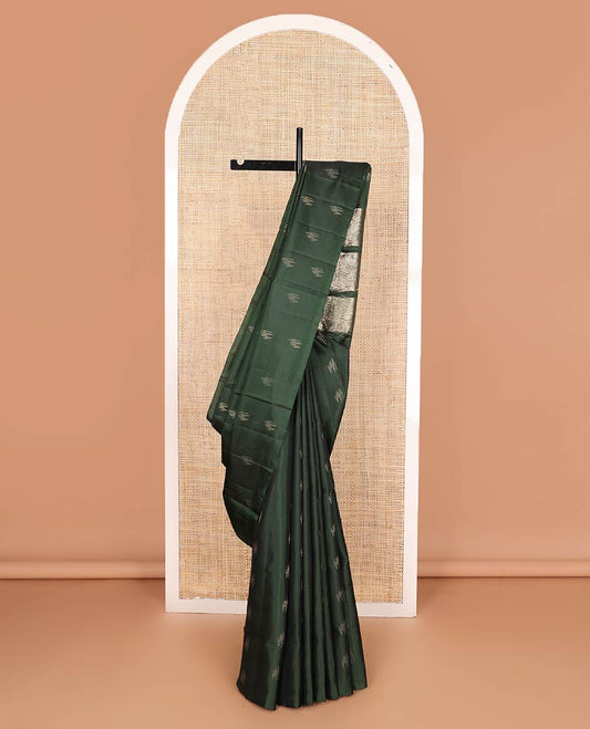 Borderless deep green zari buttas soft silk saree, pallu of geometric design
