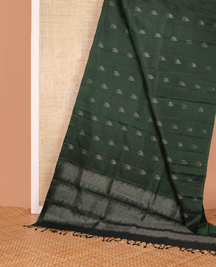 Borderless deep green zari buttas soft silk saree, pallu of geometric design