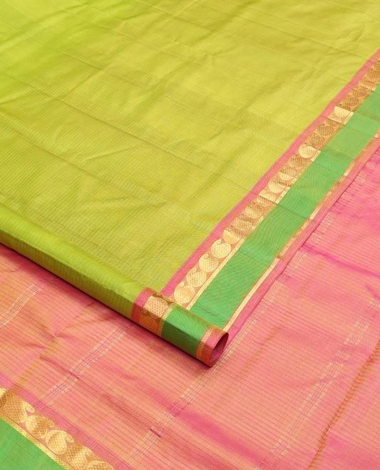 Leaf green vazhaipoo striped ten-yard silk saree, contrast rettai pettu border of kathir & kuyil kann manga design & zari striped pallu