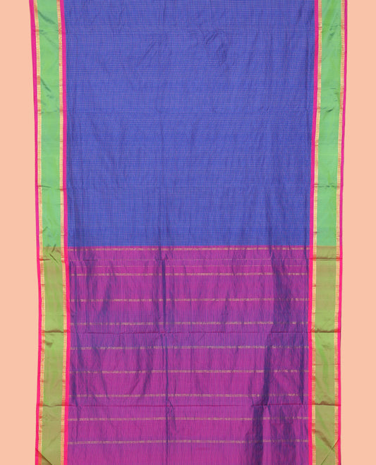 Blue Micro-Checked Nine-Yard Saree, Complemented by a Contrast Rettai Pettu Border, Contrast Pallu of Stripes, and No Blouse
