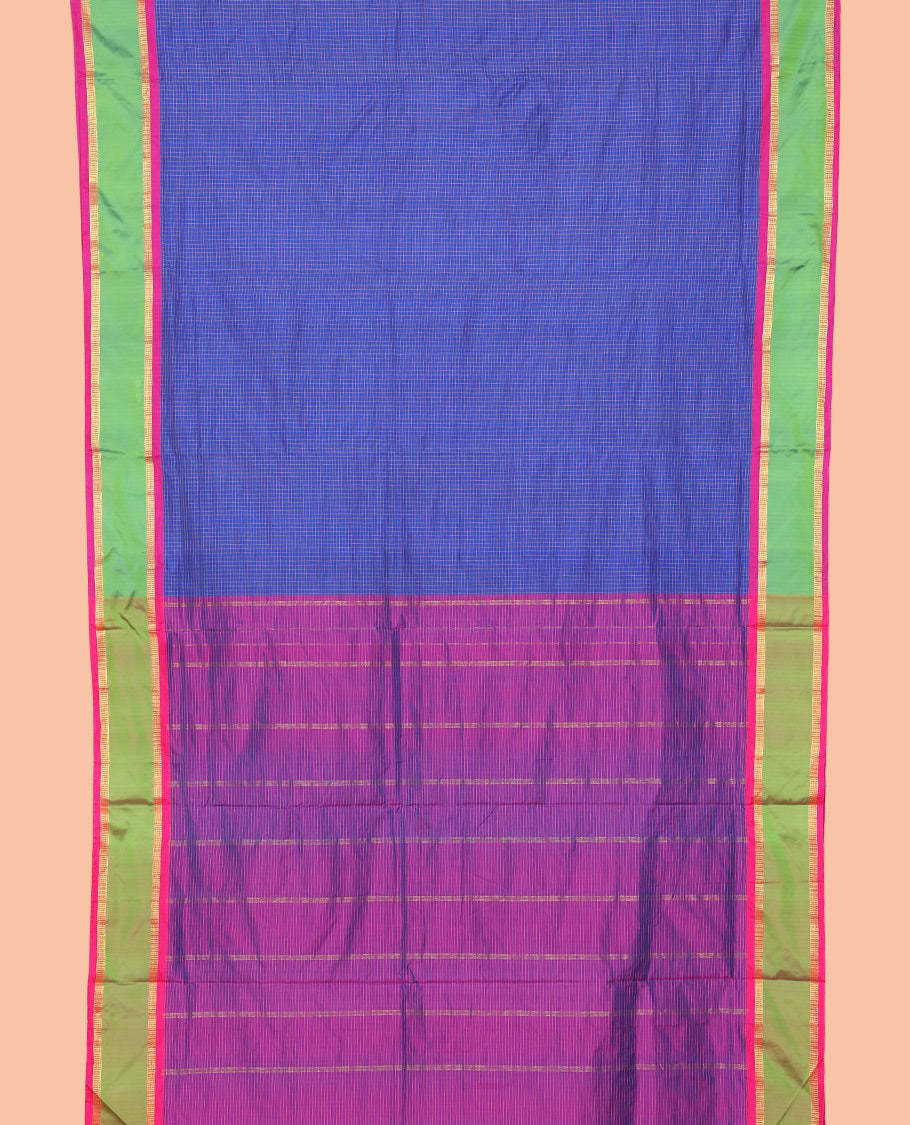 Blue Micro-Checked Ten Yard Saree, Complemented by a Contrast Rettai Pettu Border, Contrast Pallu of Stripes, and No Blouse