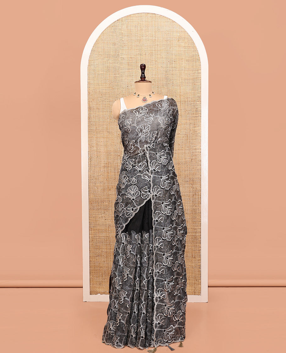 Black Organza Saree, Finely Crafted with Floral Thread Embroidery, Scallop-Embroidered Border, and a Matching Floral Embroidered Blouse