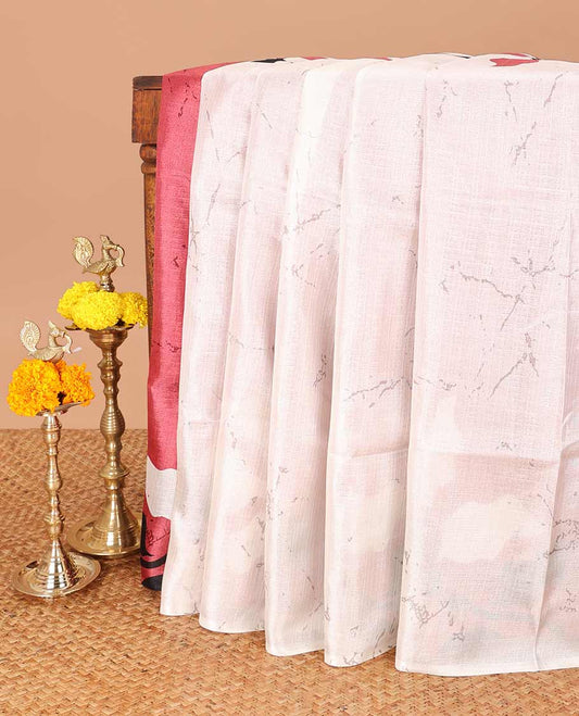 Cream with peach marble print big flower patti design khadi tussar cotton saree with contrast blouse
