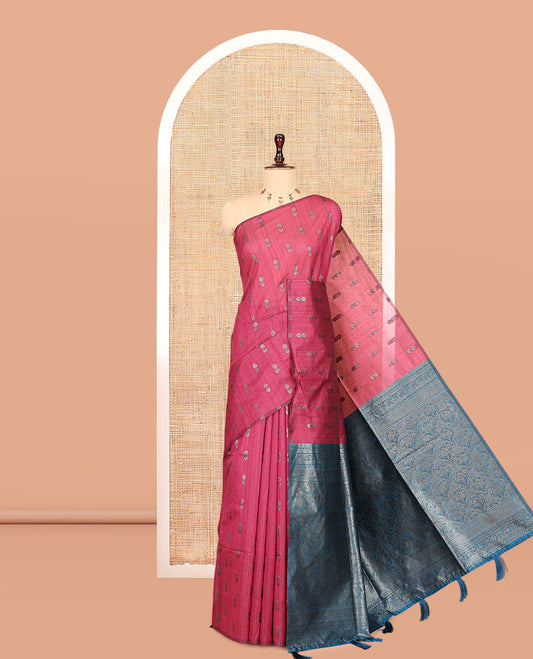 Borderless Pink Jute Cotton Saree, Adorned with Zari Buttas, Contrast Intricate Pallu, a Contrast Blouse