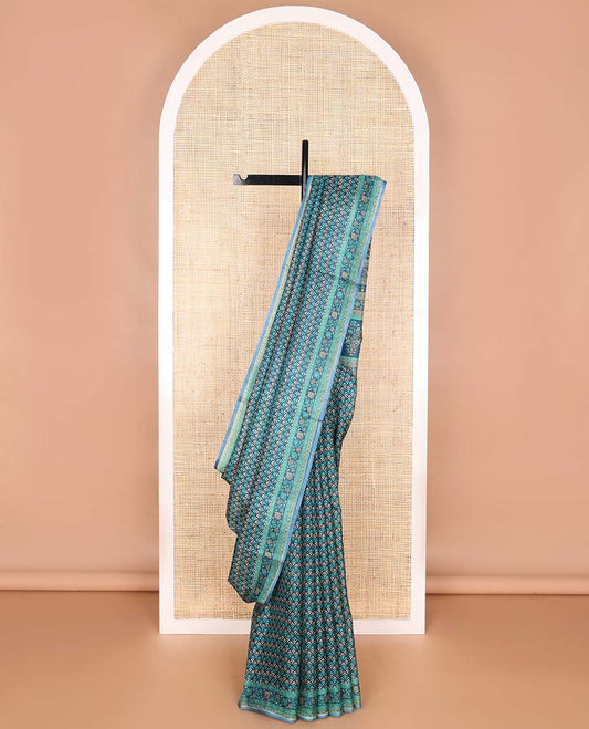 Dark blue leaf design printed silk saree with contrast intricate design border & floral design pallu