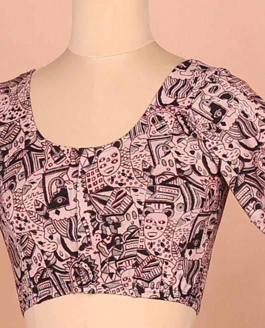 Pink mordern art style printed front-back round neck  full-sleeved cotton readymade blouse