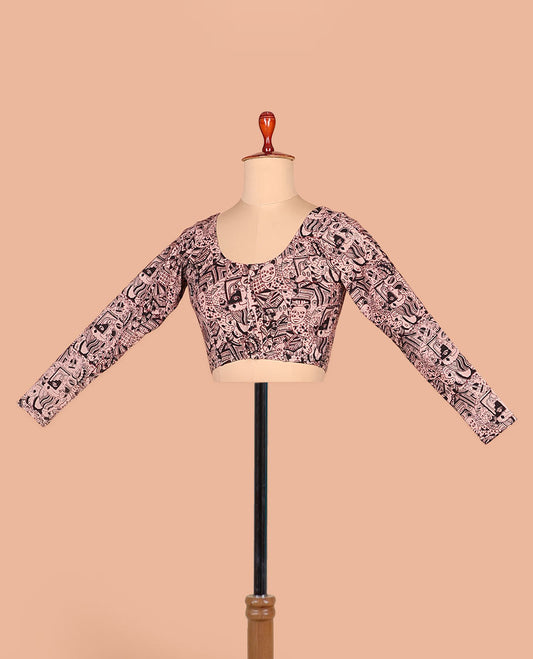 Pink mordern art style printed front-back round neck  full-sleeved cotton readymade blouse