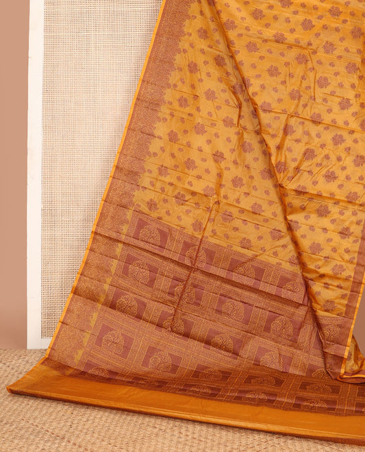 Orange floral zari buttas tussar saree, floral design border & pallu of butta enclosed checked design