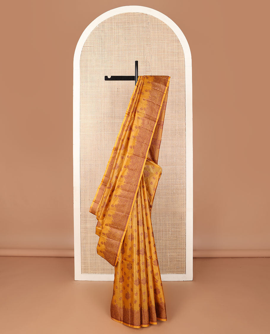 Orange floral zari buttas tussar saree, floral design border & pallu of butta enclosed checked design