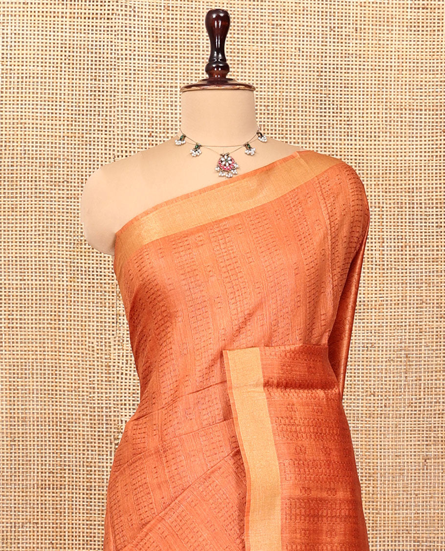 Orange Tussar Silk Saree, Detailed with Checks, a Zari Border, Zari Striped Pallu, and Matching Blouse